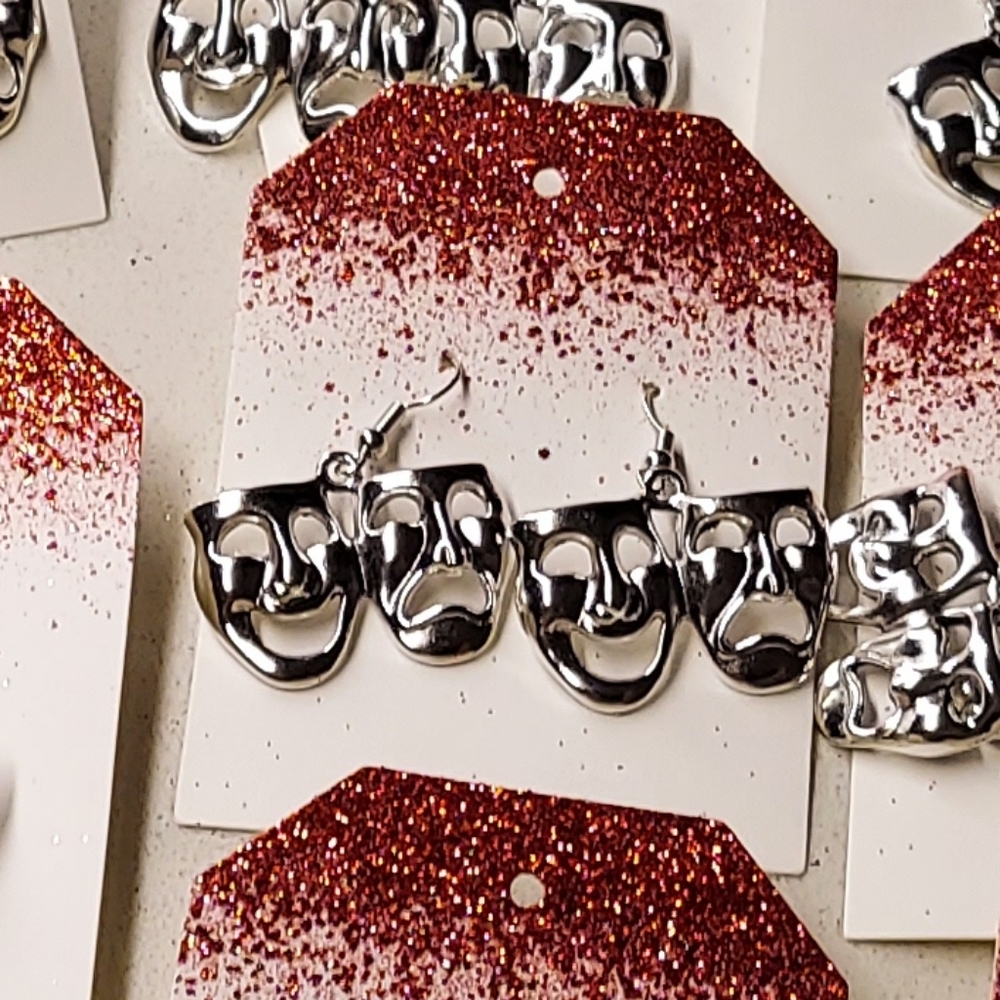 Earrings smile now, cry later faces silver hooks